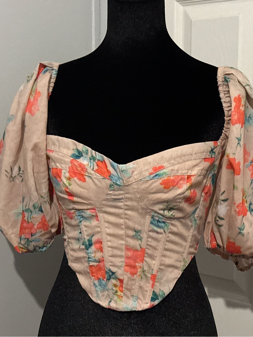 Fashion Nova Peach Floral Puff-Sleeve Corset Crop Top